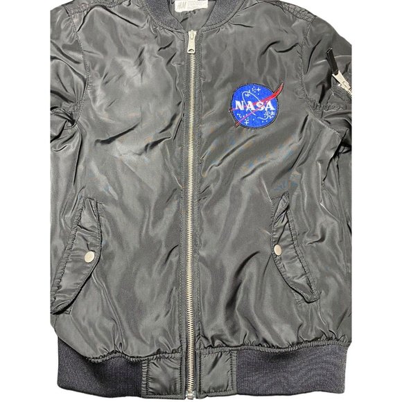 H&M NASA Bomber Flight Jacket Black USA Flag Patch Boys Size 10 12 - Picture 3 of 7